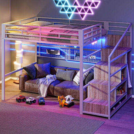 Letto a soppalco in metallo per bambini 140x200 cm, luce LED, con spazio contenitore e armadio, senza materasso, bianco