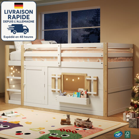 Letto a soppalco - Letto a castello per bambini 90 x 200 cm in legno bianco — letto superiore con area gioco modulare, scaletta integrata, materasso non incluso, montaggio facile