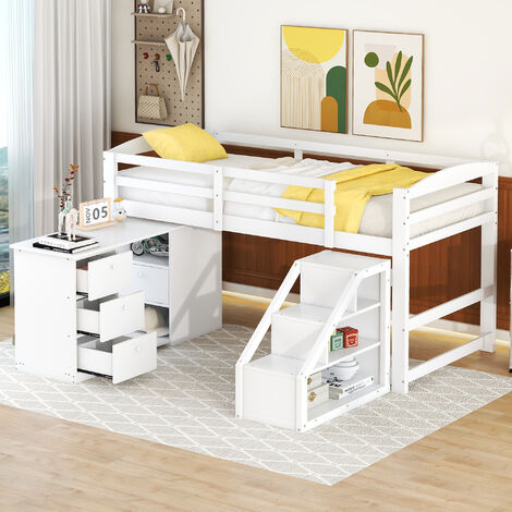 Letto per 2 bambini, due letti singoli sotto lo stesso tetto in design letto  a casa con comodino e rete a doghe, letto per ragazzi 90*200 con sponda di  sicurezza, bianco