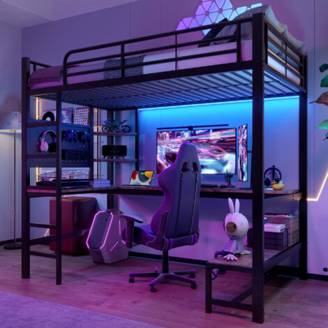 Letto a soppalco per bambini 90x200 cm, con luci LED e scrivania, porte USB e Type-C, materasso non incluso, Metallo, nero