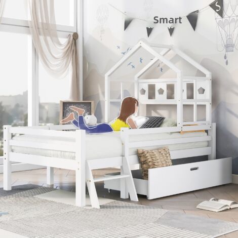 Letto a soppalco per bambini 90x200 cm con scala e cassone, struttura in legno massello e protezione anticaduta, per camera dei ragazzi, colore bianco