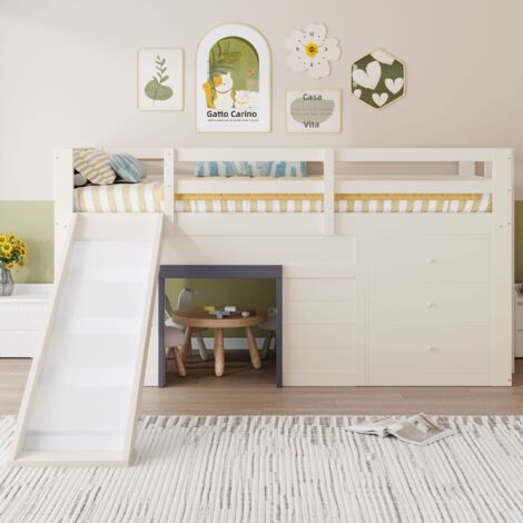 Letto a soppalco per bambini 90x200 cm con scivolo, 3 cassetti, 2 ante in MDF e pino, colore crema, struttura integrata, bianco, senza rete necessaria