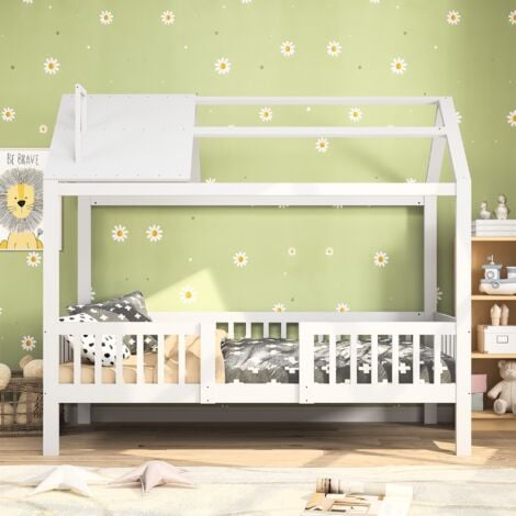EIFSON Letto a soppalco per bambini 90x200 cm, con sponda anticaduta, con camino, a forma di casetta, rete a doghe, pino + MDF, adatto a bambini e ragazzi - Bianco