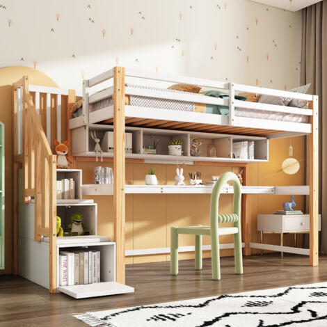 Letto a soppalco per bambini 90x200 cm, letto singolo per adolescenti, scrivania + libreria, scaletta portaoggetti, senza materasso, bianco