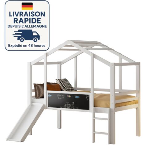 Letto a soppalco per bambini 90x200 - Con scaletta di sicurezza e scivolo - Con pannello graffiti - Vernice senza formaldeide - Legno certificato PEFC - Bianco