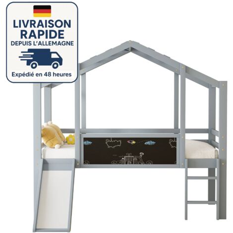 Letto a soppalco per bambini 90x200 - Con scaletta di sicurezza e scivolo - Con pannello graffiti - Vernice senza formaldeide - Legno certificato PEFC - Grigio