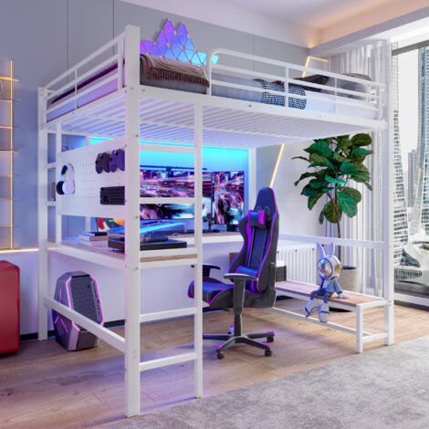 Letto a soppalco per bambini, matrimoniale, 140x200 cm, con luci LED e scrivania, porte USB e Type-C, materasso non incluso, Metallo, bianco
