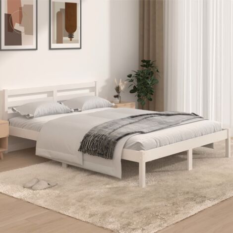 Letto adulto，Giroletto，Letto matrimonial，Struttura del letto in Legno Massello di Pino 140x190 cm Bianco DGVS8862141 BonneVie