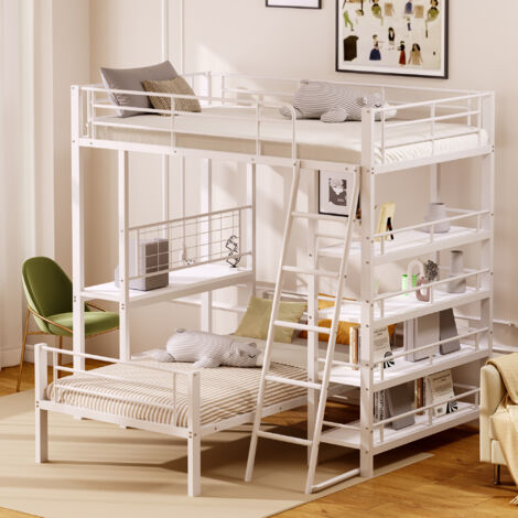Letto alto 90x200cm Ripiani integrati Spazio di archiviazione multifunzionale Colore bianco metallo (materasso non incluso)