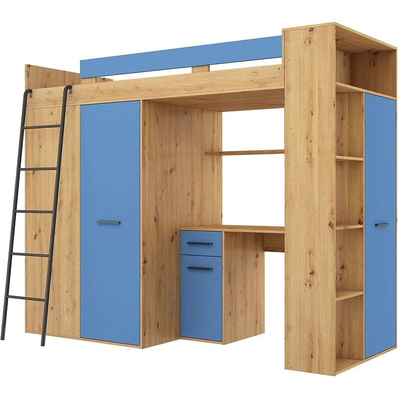 Bim Furniture - armoire de lit mezzanine échelle pour enfants vérana l cm190x120x236h chêne bleu clair