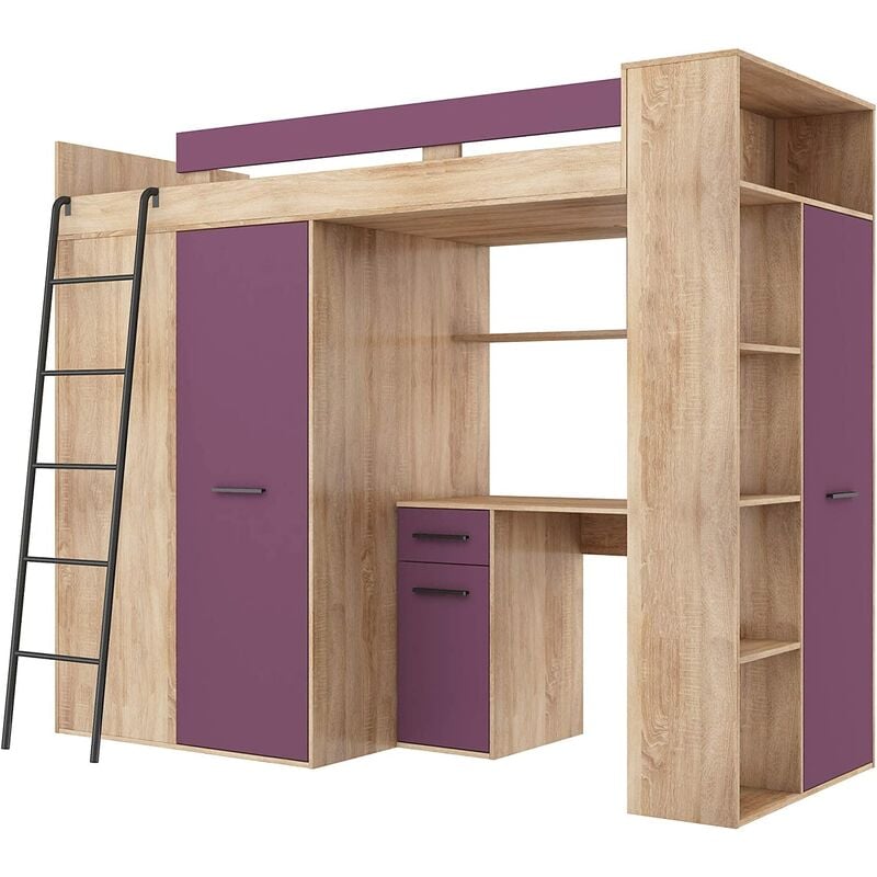 Armoire de lit mezzanine échelle pour enfants verana l cm h190x120x236 chêne violet