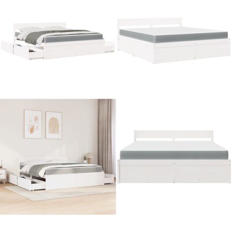 Letto Cassetti e Materasso Bianco 180x200cm Legno Massello Pino - Materasso a molle insacchettate - Letto in legno massello