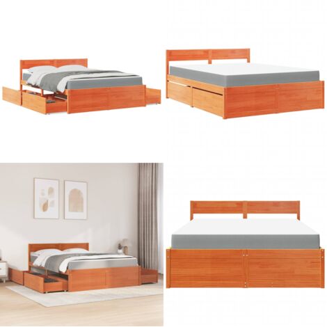 Letto Cassetti e Materasso Marrone Cera 140x200cm Massello Pino - Materasso a molle insacchettate - Letto in legno massello