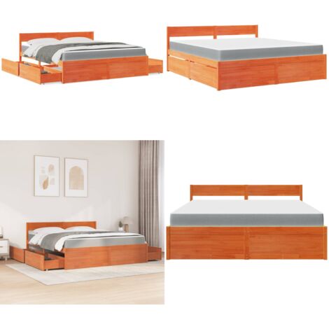 Letto Cassetti e Materasso Marrone Cera 180x200cm Massello Pino - Materasso a molle insacchettate - Letto in legno massello