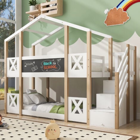 NECHE Letto Castello Bambini 90x200cm a Tema Casetta sull'Albero,Scala con Contenitore Integrato + Protezioni Anti-Caduta,2 Reti (Senza Materasso)