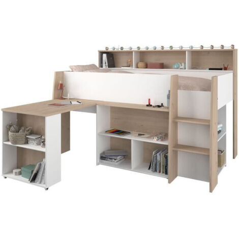 Letto combinato 90 x 200 cm con scrivania e scomparti Bianco e Naturale - APOLINO