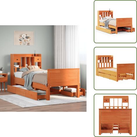 Letto con base a doghe - vidaXL Letto Libreria senza Materasso Marrone Cera 75x190 cm in Pino - Letto con pediera