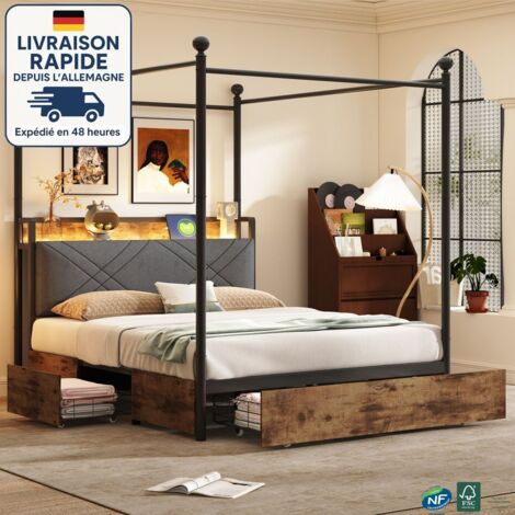 Letto con cassetti 140x190 - Letto 140x190 - Sponde del letto rimovibili / LED integrato e porta di ricarica - 3 cassetti - Stile industriale - nero