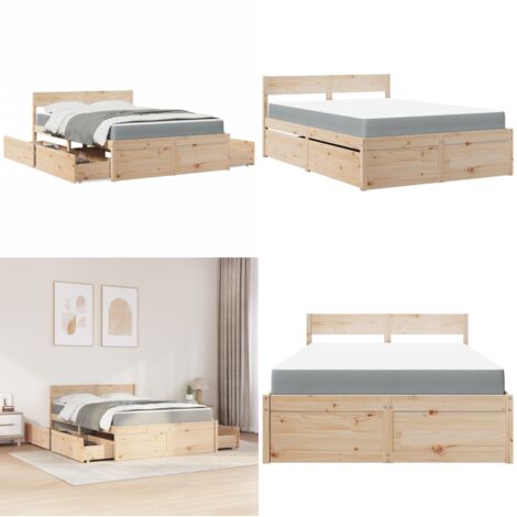 Letto con Cassetti e Materasso 120x190 cm Legno Massello Pino - Materasso a molle insacchettate - Letto in legno massello