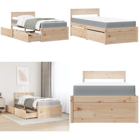 Letto con Cassetti e Materasso 90x190 cm Legno Massello di Pino - Materasso a molle insacchettate - Letto in legno massello