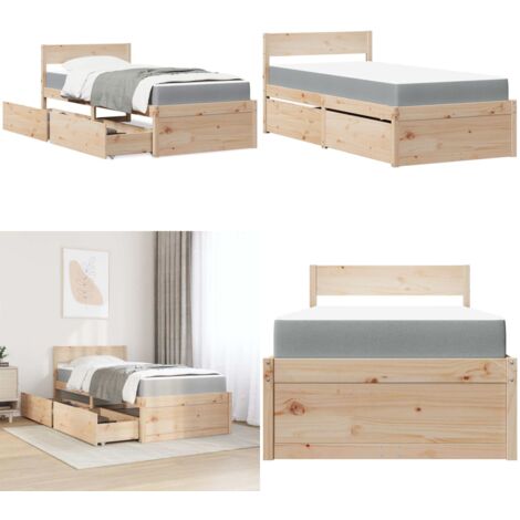 Letto con Cassetti e Materasso 90x200 cm Legno Massello di Pino - Materasso a molle insacchettate - Letto in legno massello