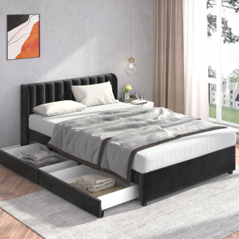 Letto con cassetti Letto matrimoniale imbottito per adulti 160 x 200 cm con 2 cassetti, in velluto, nero