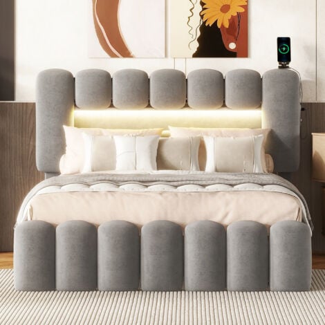 WISHDOR Letto con cassetti Letto matrimoniale per adulti 140 x 200 con 4 cassetti. LED con USB e stereo. in pelle grigia