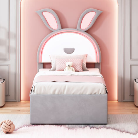 Letto con cassetti Letto singolo per bambini 90 x 200 cm con letto estraibile, cassetti e luce LED, grigio