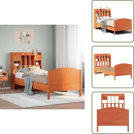 Letto con cassetti - vidaXL Letto Libreria senza Materasso Marrone Cera 100x200 cm in Pino - Letto con spazio portaoggetti