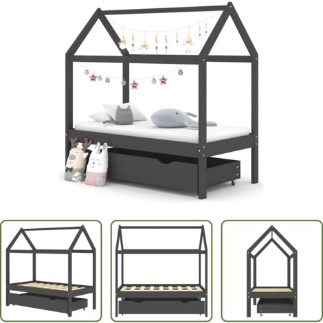Letto con cassetto -  Giroletto Bambini Cassetto Grigio Scuro Pino Massello 70x140 cm