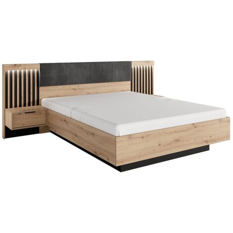 Letto con comodini e LED 160 x 200 cm Naturale e Nero - ARIADA