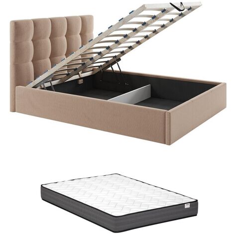 Letto con contenitore 140 x 190 cm Velluto Beige + Materasso - MIRDAL di PASCAL MORABITO