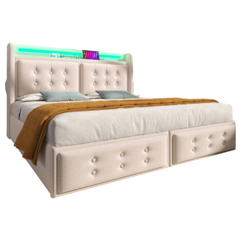 Letto con contenitore 140x200 cm in cotone-lino beige, LED, prese USB e Type-C, rete a doghe e materasso incluso