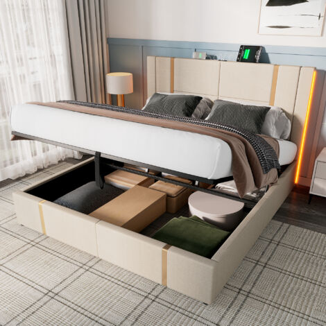 Letto con contenitore imbottito in lino beige 160x200 cm con LED, USB-C e materasso incluso