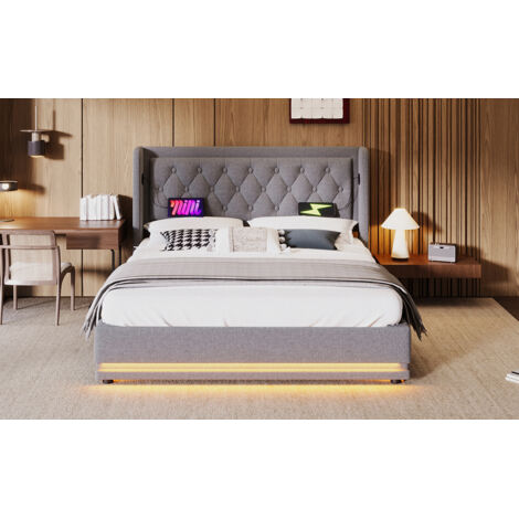 Letto con contenitore in cotone grigio 160x200 cm con LED, USB/Type-C e materasso incluso