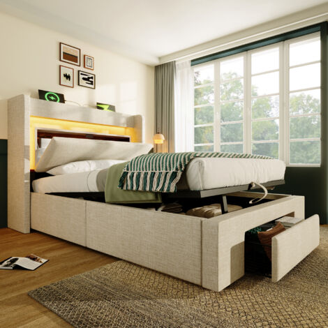 Letto con contenitore in lino beige 90x200 cm con materasso, LED, USB/USB-C, rete a doghe e cassetto