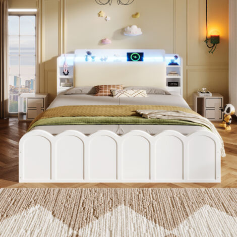 Letto con contenitore in pannello truciolare bianco 140x200 cm con LED, USB/Type-C e testiera imbottita