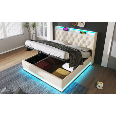 Letto con contenitore in PU bianco 140x200 cm con LED, USB-C, rete a doghe e materasso incluso