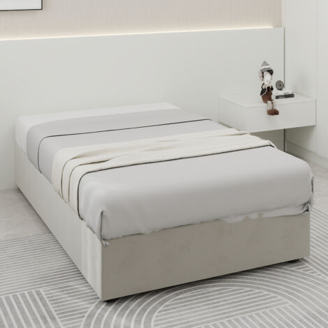 Letto con contenitore in tessuto beige 90x200 cm, struttura in metallo, testiera imbottita, rete inclusa