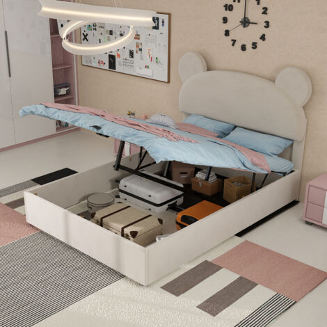 Letto con contenitore in tessuto e metallo beige 140x200 cm, testiera imbottita design cartoon