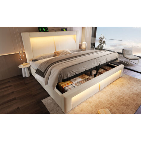 Letto con contenitore in velluto beige 160x200 cm con LED, prese USB e Type-C, rete a doghe e materasso incluso