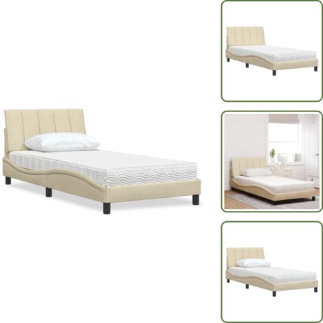 Letto con cuscino testiera - vidaXL Letto con Materasso Hanko Crema 100x200 cm in Tessuto - Materasso in schiuma PU