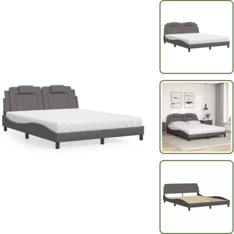 Letto con cuscino testiera - vidaXL Letto Viana con Materasso Grigio 160x200 cm in Similpelle - Materasso in schiuma PU