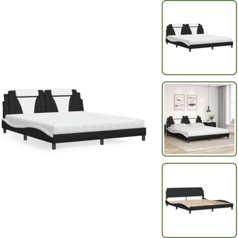 Letto con cuscino testiera - vidaXL Letto Viana con Materasso Nero e Bianco 180x200 cm in Similpelle - Materasso in schiuma PU