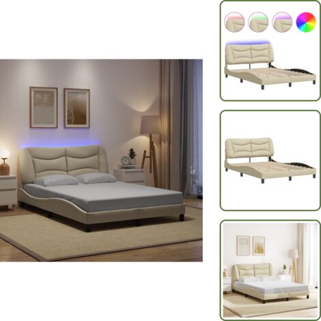 Letto con design ondulato - vidaXL Giroletto con LED senza Materasso Hvar Crema 120x200 cm Tessuto - Letto con supporto per schiena