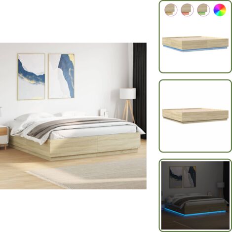 Letto con doghe in compensato - vidaXL Giroletto Cassetti Luci LED Sonoma 200x200 cm Legno Multistrato - Letto con luci LED RGB
