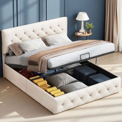 Letto con doppio cofano 160x200 - Meccanismo di sollevamento silenzioso - Testata letto in velluto albicocca - Rimaneggiamento integrato