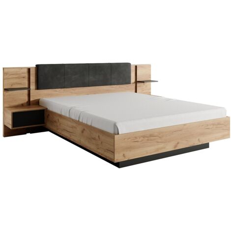 Letto con LED + Comodini 160 x 200 cm Naturale e Antracite - ELYNIA