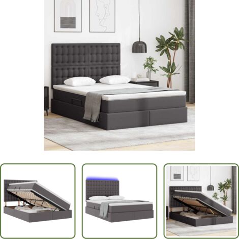 Letto con LED -  Letto con contenitore e LED Grigio 140 x 190 cm Pelle Sintetica