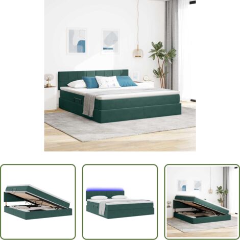 Letto con LED -  Letto con contenitore e LED Verde Scuro 160 x 200 cm Velluto
